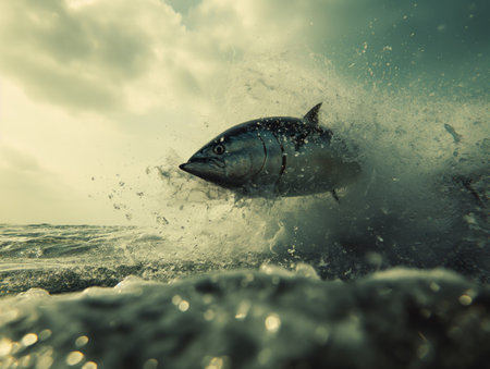 A blue fin tuna fish leaping out of the waterの素材