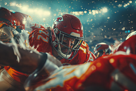 Group of Football Players Standing on the Field. The players appear focused and ready for a game or training session.の素材