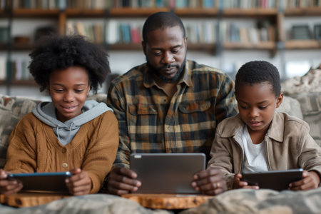 A family with smartphone and digital tablet on a couchの素材