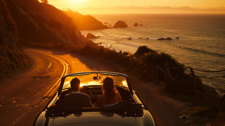 A convertible car is seen driving down a winding road that runs alongside the ocean. The vehicle gracefully navigates the scenic route, offering a picturesque view of the sea.の素材