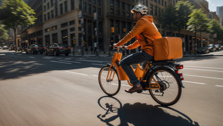 Delivery Rider on an Orange Bicycle in a City Settingの素材