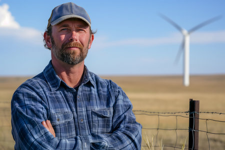 Rugged male farmer with crossed arms stands by a fence with a wind turbine in the backgroundの素材