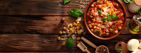 Rustic Italian pasta dish on wooden backgroundの素材