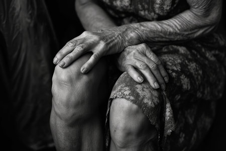 Black and white photo capturing the hands and knees of an elderly personの素材