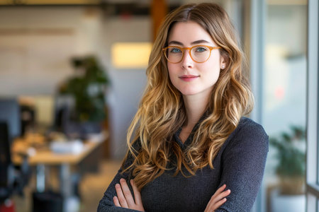 Confident Young Businesswoman Standing With Arms Crossed In Modern Office Environmentの素材