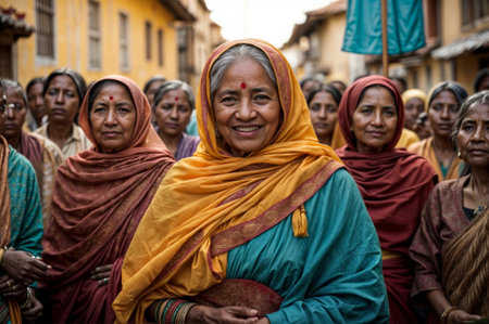A smiling elderly Indian woman in a yellow scarf with other women in colorful attire behind her.の素材