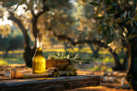 Bottle of olive oil and fresh olives set on a wooden table amidst an olive grove at sunsetの素材