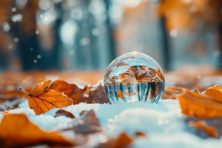 Crystal ball captures the essence of fall, reflecting trees amidst a carpet of golden leavesの素材