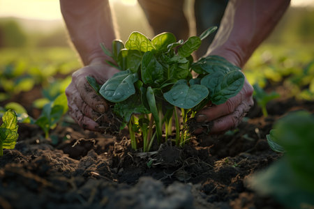 Gardener's hands cultivate tender spinach seedlings in fertile soil as the day ends.の素材