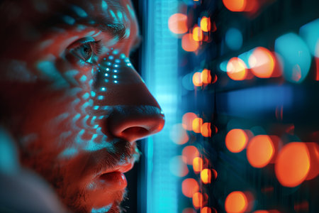 Close-up of a man with illuminated digital patterns projected on his skin.の素材