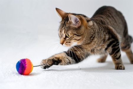 Curious tabby cat pawing at a vibrant toy ball on a white backgroundの素材