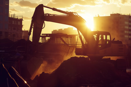 Silhouetted construction excavator working at a heavy industrial site during the golden hour of sunsetの素材