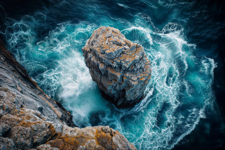 Majestic sea stack amidst turbulent ocean wavesの素材