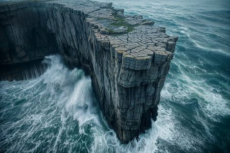 Atmospheric view of a rugged cliff against the powerful waves of a misty oceanの素材