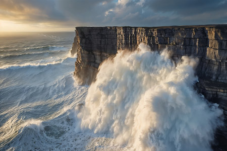 Dramatic view of powerful sea waves colliding with a rugged cliff during a golden sunsetの素材