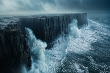 Dramatic coastal landscape with powerful waves hitting towering cliffs under a moody skyの素材
