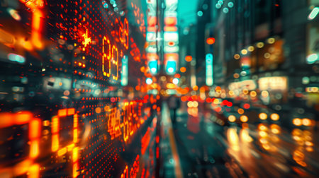 Captivating image of a person walking amidst vibrant city lights, rendered with a motion blur effectの素材