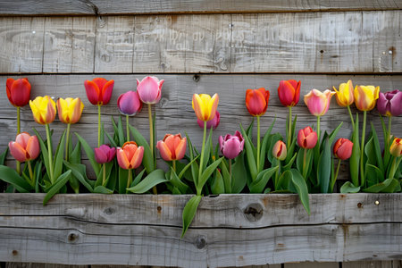 Vibrant tulips against rustic wood fenceの素材