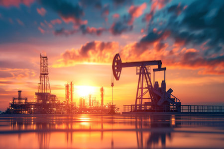 Oil rig and refinery silhouette against a vibrant sunset sky with reflections on waterの素材