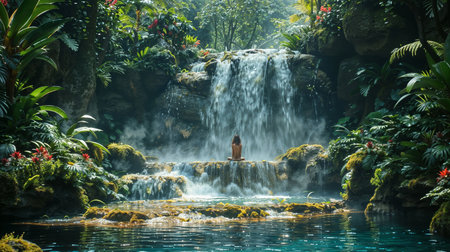 Serene waterfall oasis with person meditatingの素材