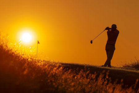 Silhouette of golfer at sunset.の素材