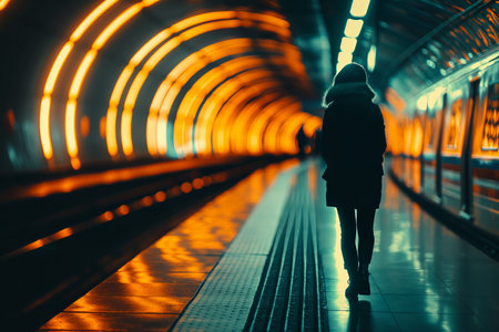 Back view of a person walking through an illuminated, modern subway tunnel.の素材