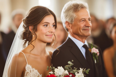 Radiant bride accompanied by her proud father during a wedding ceremony.の素材