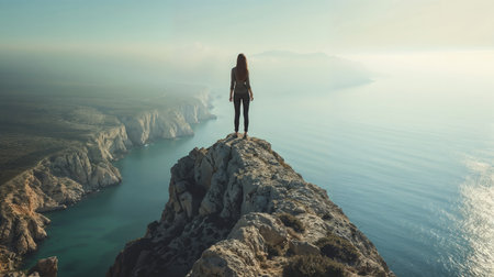 Solitary explorer overlooking sea and cliffs at sunriseの素材