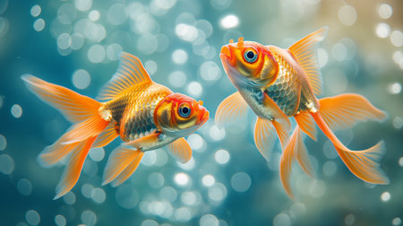 Two vibrant goldfish swim gracefully in a sun-dappled aquatic environmentの素材