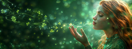 Young woman surrounded by magical clovers and glowing lightsの素材