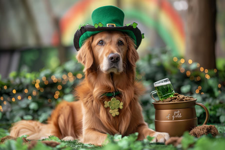 Adorable dog in a green hat with a pot of gold and beer, festive st. Patrick's setup.の素材