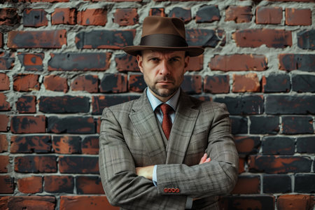 Confident man in vintage suit and hat against brick wallの素材