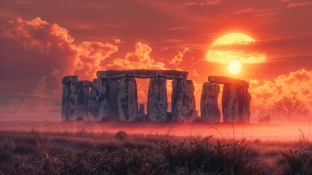 Warm hues of sunset bathe stonehenge, creating a stunning, mystical landscapeの素材