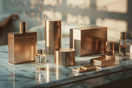 Luxury beauty product packaging on marble surface.の素材