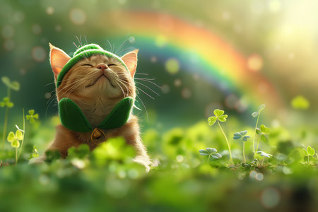 Content cat in a green hat enjoys a peaceful meadow with a vibrant rainbow in the backgroundの素材