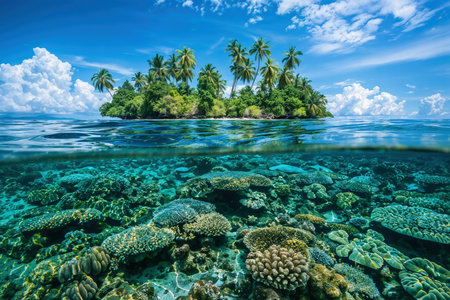 Tropical island paradise with underwater coral reefの素材