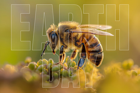 Close-up of a honeybee on a blossom, symbolizing earth day's focus on environmental conservationの素材