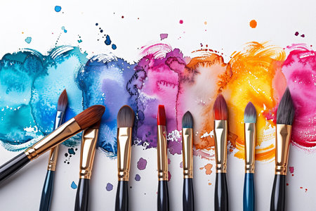 Paintbrushes lined up with vibrant watercolor splashes on white backgroundの素材