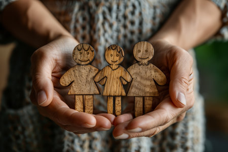 Close up of intricately hand-carved wooden family figurines, representing the unity, togetherness, and warmth of human bonds, held in the palm of a hand. Please note, for personal use only.の素材
