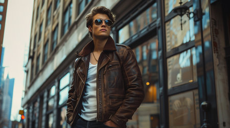Stylish young man in sunglasses and a leather jacket poses on a city street.の素材
