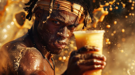 Determined sportsman drinking a protein shake, focused on post-workout recoveryの素材