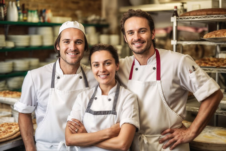 Portrait of happy culinary team with fresh baked goods in the backgroundの素材