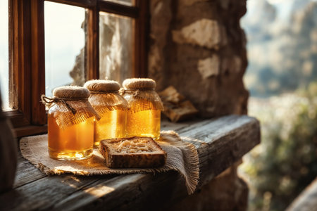 Sunlit jars of honey and fresh bread on a vintage wooden window ledge overlooking nature.の素材
