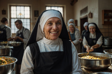 Happy nun smiling while preparing food with group of people in a kitchenの素材