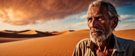 Senior man with white beard looking into the distance of a desert at sunset with copy space.の素材