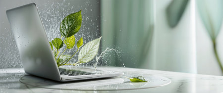 Green plant growing from a laptop keyboard with water splashing on it, ecology and technology concept.の素材