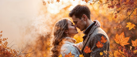 Romantic couple kissing in an autumn forest surrounded by colorful leaves with copy space for your advertising text.の素材