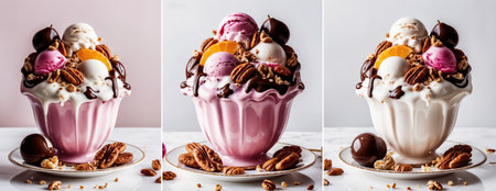 Three variations of a decadent ice cream sundae banner, perfect for advertising or showcasing a delicious treatの素材