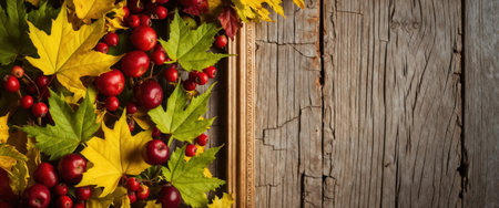 Golden frame lying on a rustic wood surface with colorful autumn leaves and red berries forming a border on the left side.の素材