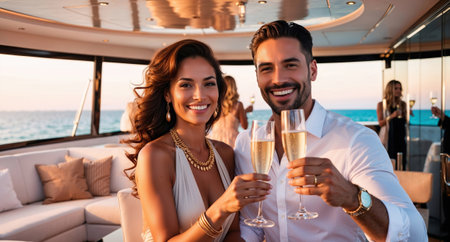 Stylish couple is making a toast with champagne flutes on a yacht at sunset with friends in the background.の素材